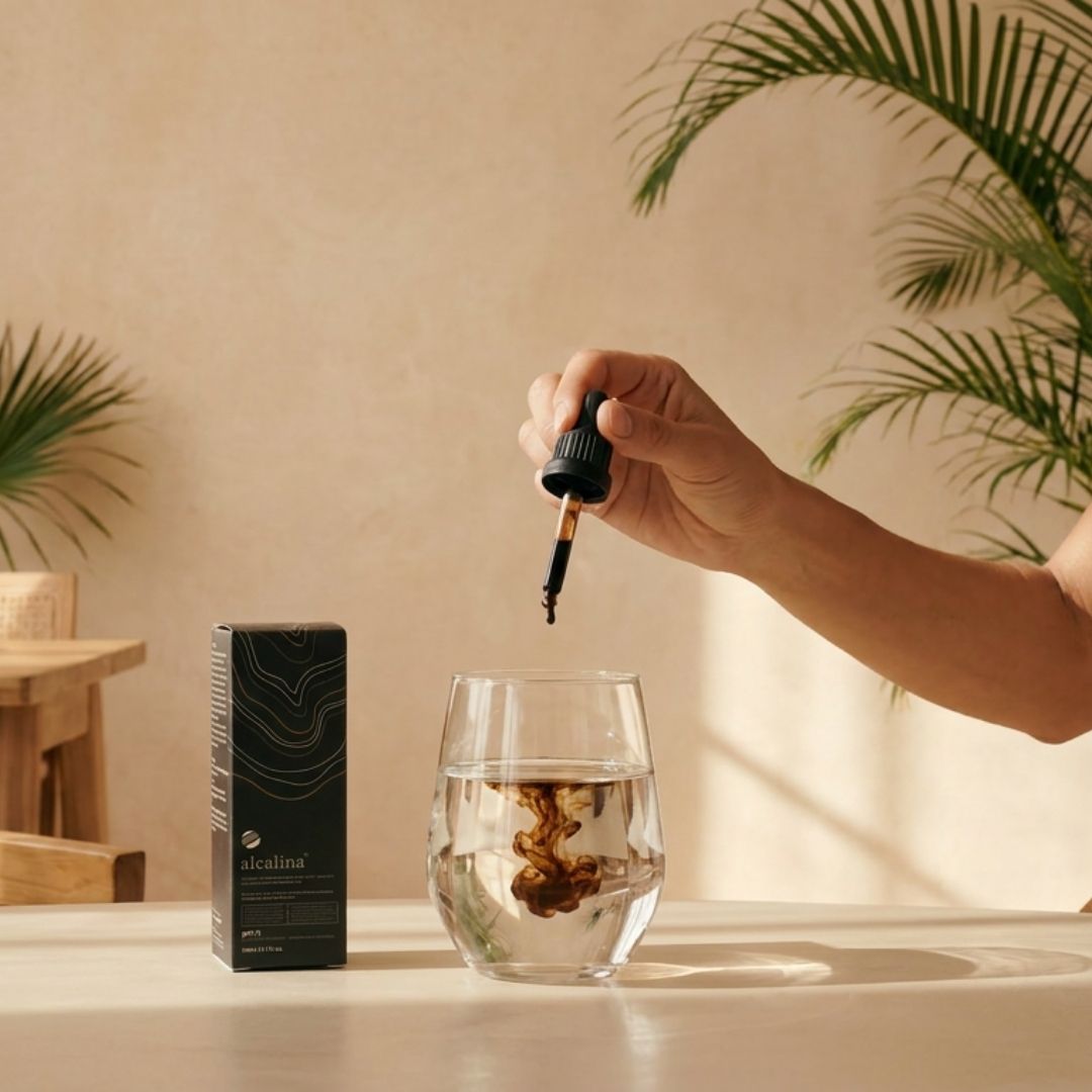 Bottle of alcalina fulvic acid biominerals beside mineral pieces and a glass of golden water.