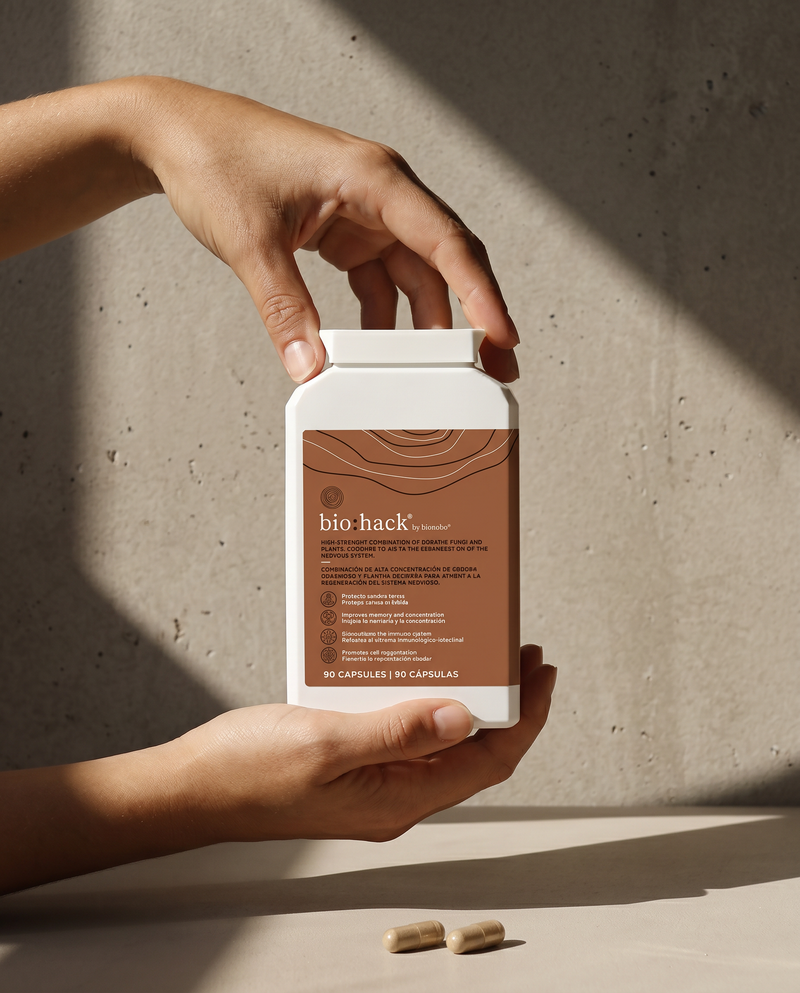 Two hands holding a bottle of bio:hack capsules against a sunlit concrete wall, the tan label facing the camera and two capsules on the ledge below.