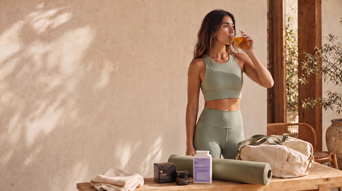 The Fullpower pre-workout pack beside a rolled yoga mat and a gym bag