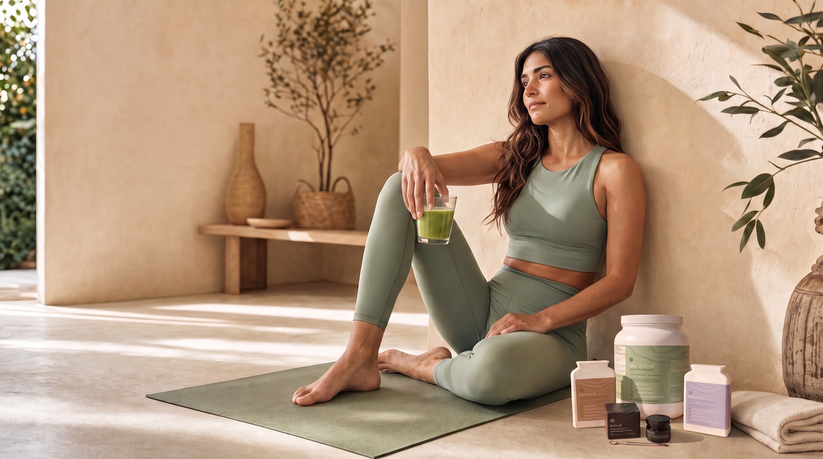 The Sport Performance Pack products beside a yoga mat after training
