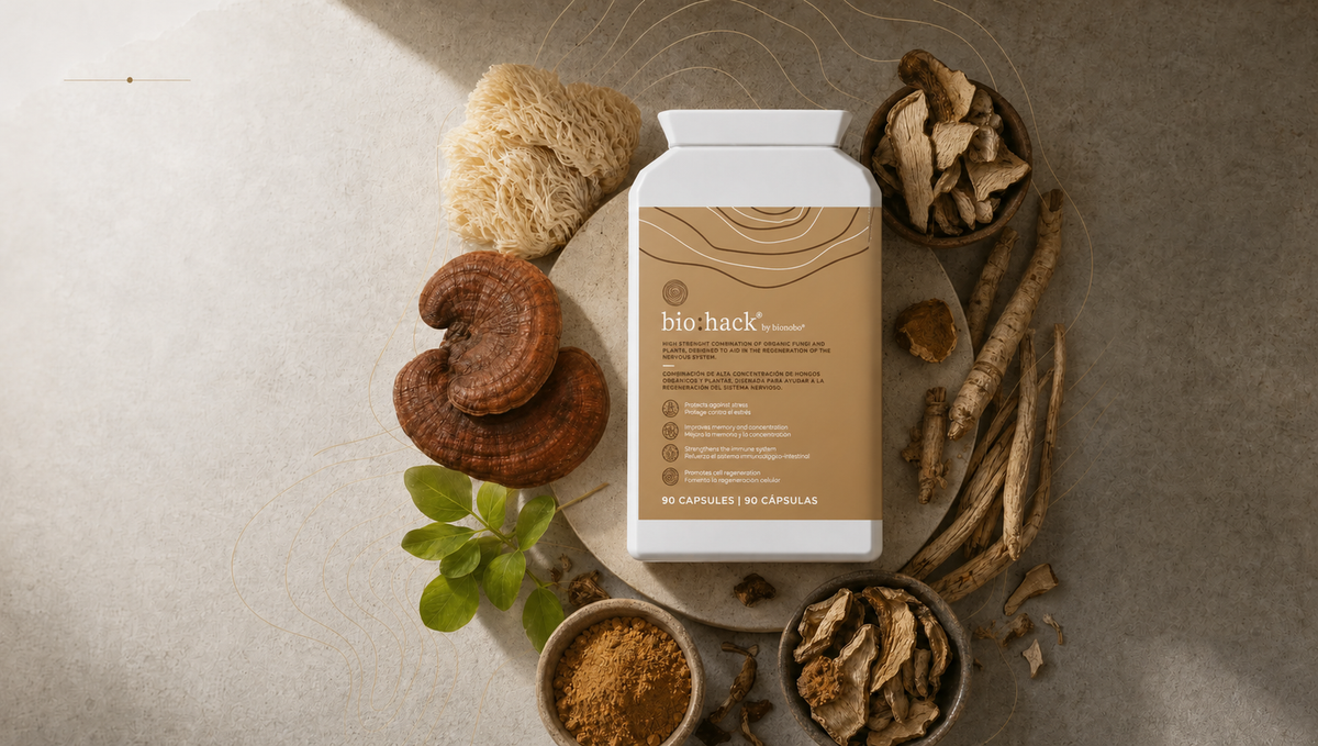 Biohack tub surrounded by lion's mane and reishi mushrooms, roots, leaves and botanical powders.
