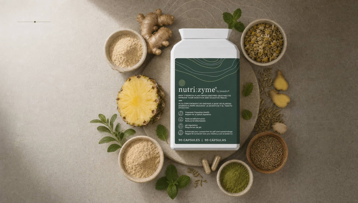 Nutrizyme digestive-enzyme tub surrounded by pineapple, ginger, mint, fennel and botanical powders.