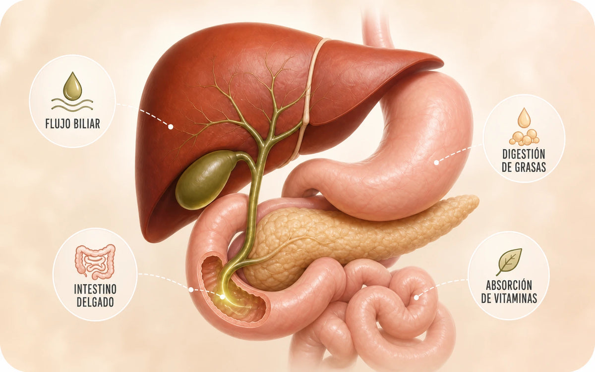 Ilustración tridimensional del hígado, la vesícula, el estómago, el páncreas y el intestino delgado que muestra el flujo biliar, la digestión de grasas y la absorción de vitaminas.