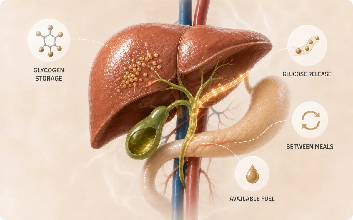A three-dimensional liver and gallbladder illustration showing glycogen storage, glucose release between meals and available fuel.