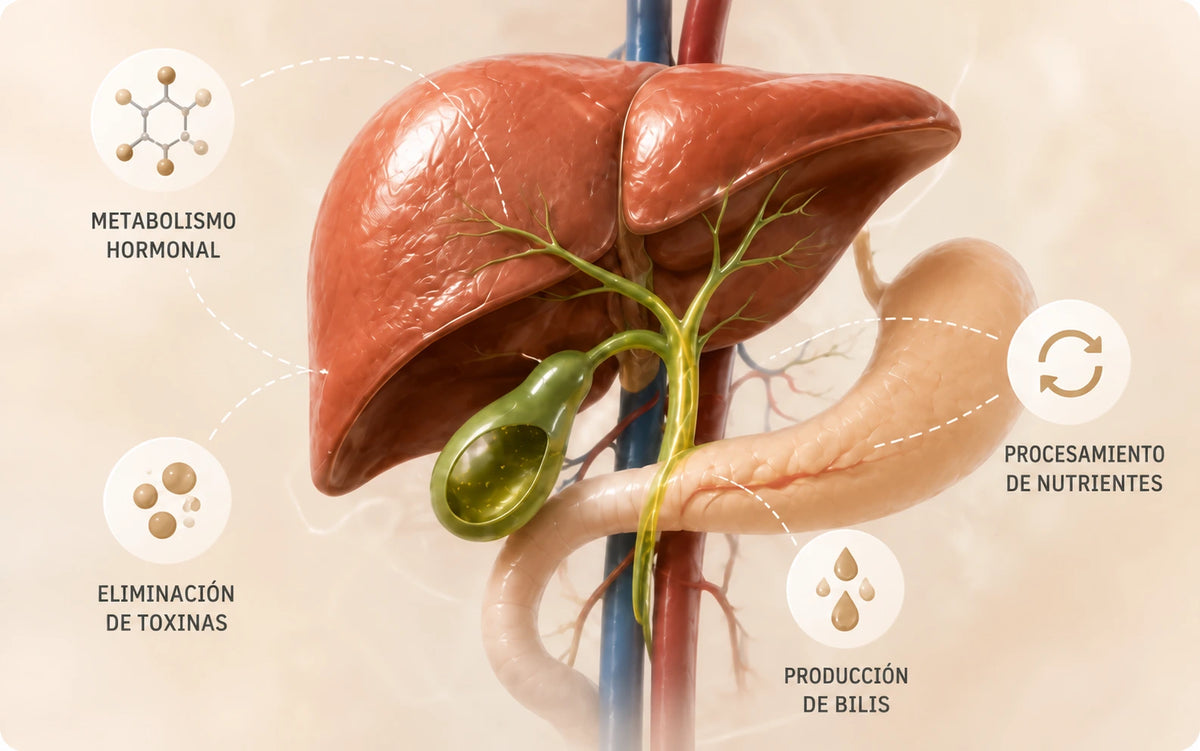 Ilustración tridimensional del hígado y la vesícula que muestra el metabolismo hormonal, la eliminación de toxinas, el procesamiento de nutrientes y la producción de bilis.