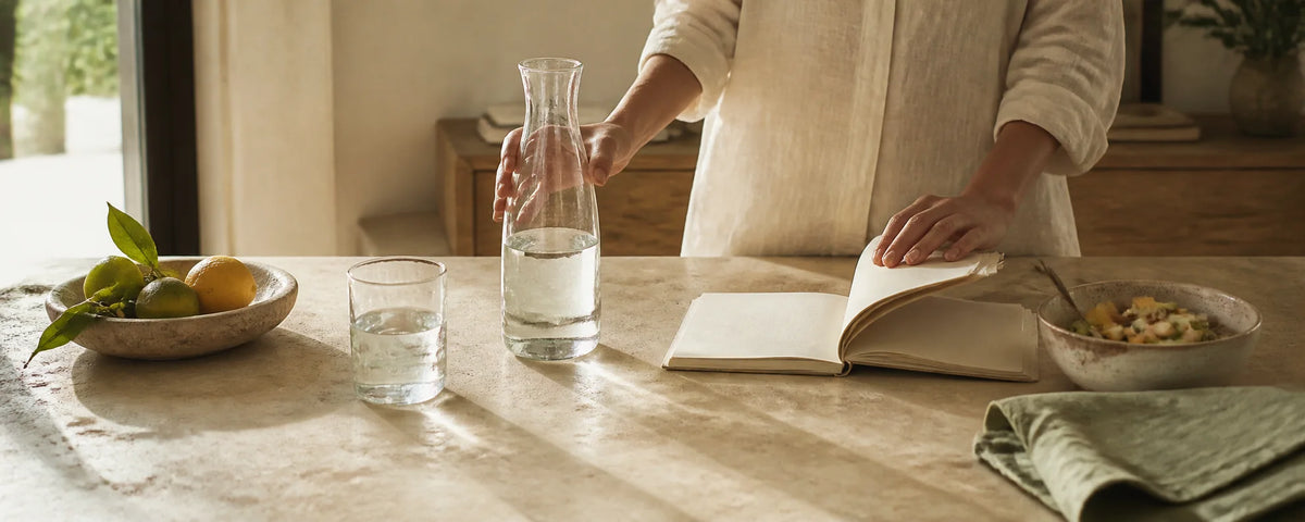 A calm morning table with water, citrus, a simple meal and an open guide