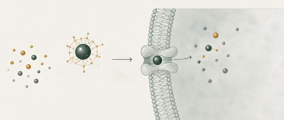 Loose minerals, then a fulvic molecule caging one, carrying it across a cell membrane and releasing it inside the cell