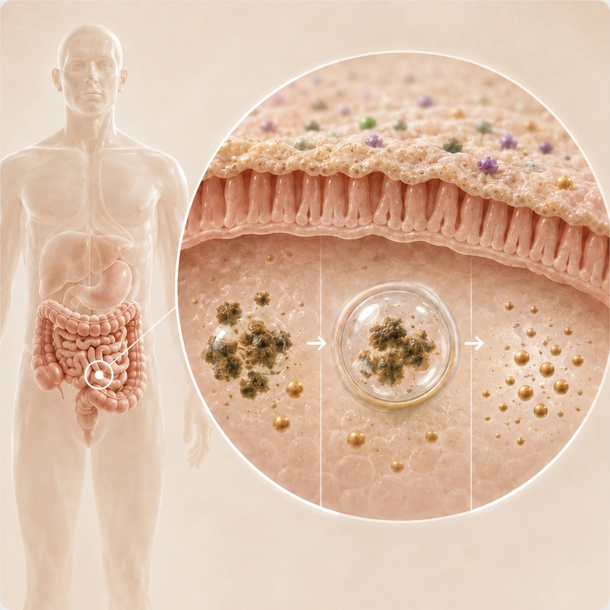 A translucent human figure beside a magnified intestinal illustration showing damaged material being enclosed and recycled.