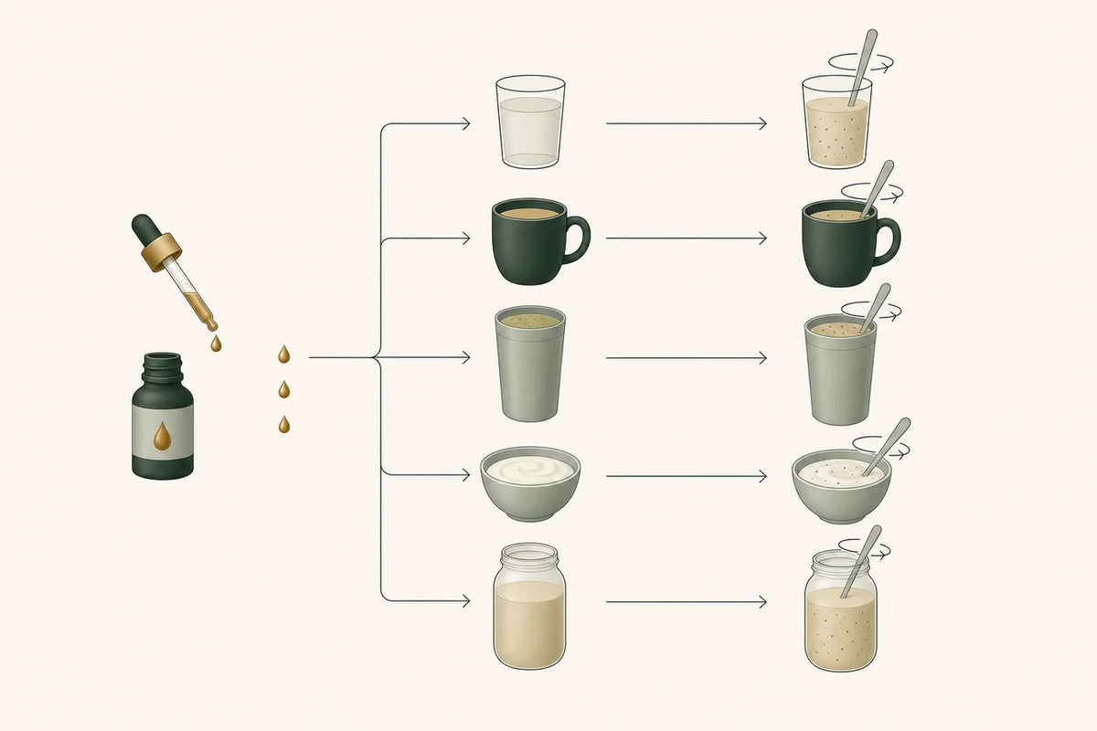 Las gotas de minerales fúlvicos salen de un cuentagotas hacia agua, té, un batido, yogur y aliño de ensalada, donde se mezclan.