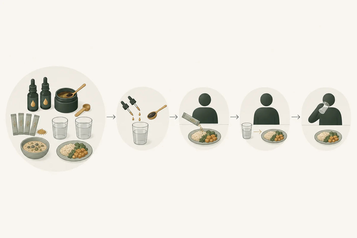 Preparation supplies lead into four maintenance days, each repeating drops and resin in water with enzymes beside a meal.