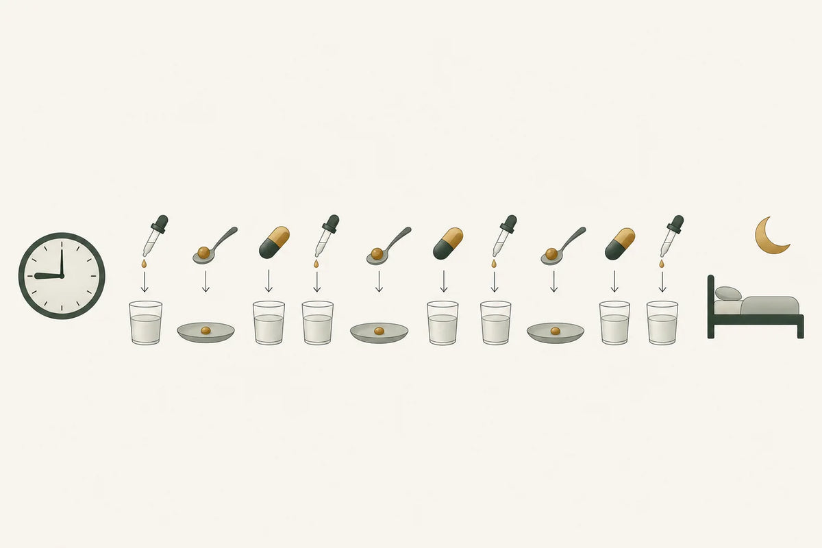 Ten dose stations run from a nine o'clock morning start to bedtime, alternating drops, resin and enzymes with drinks or meals.