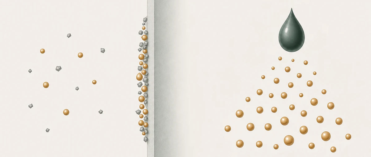 Water carrying mineral grains and contaminant specks meets a flat filter sheet that stops both, leaving bare water beyond it, with a drop releasing minerals back into it