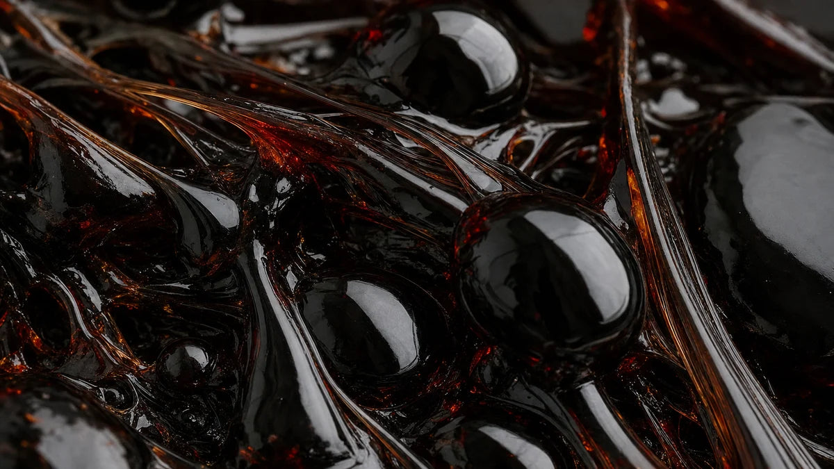 A dark resinous extract drawn into heavy strands, garnet light trapped inside it