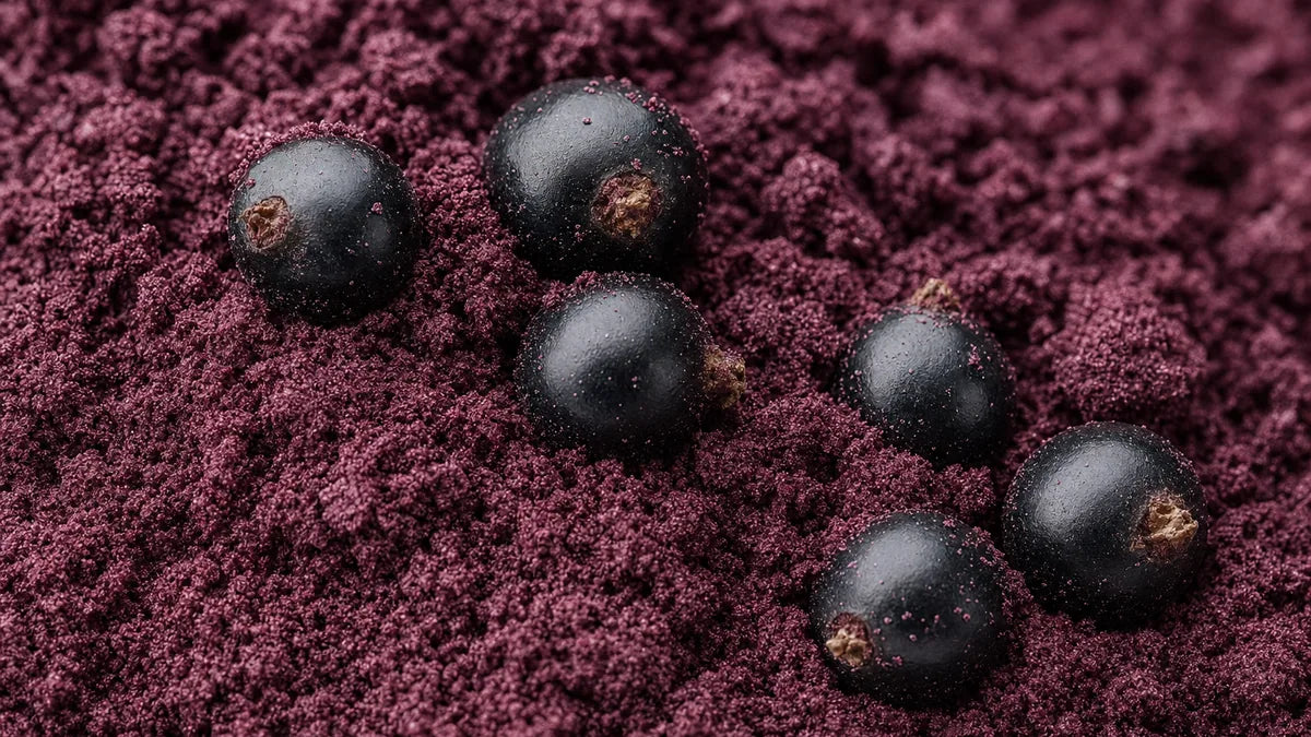 Una macro cercana de polvo de grosella negra púrpura con grosellas negras brillantes enteras