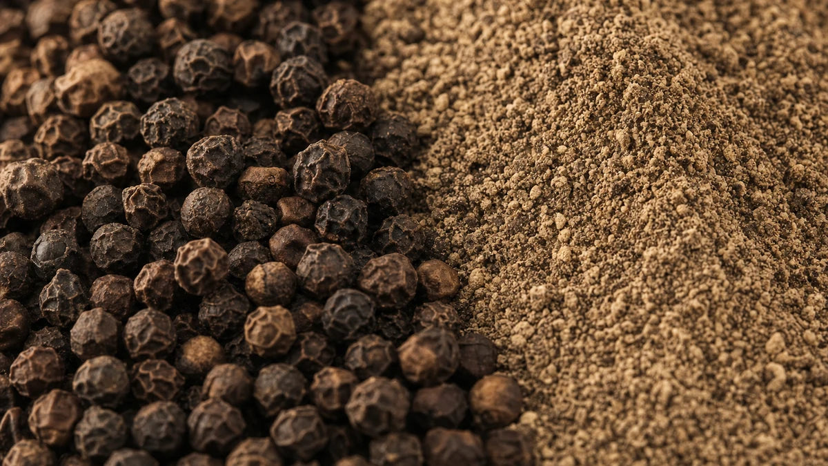 A close macro of black pepper (95% piperine)