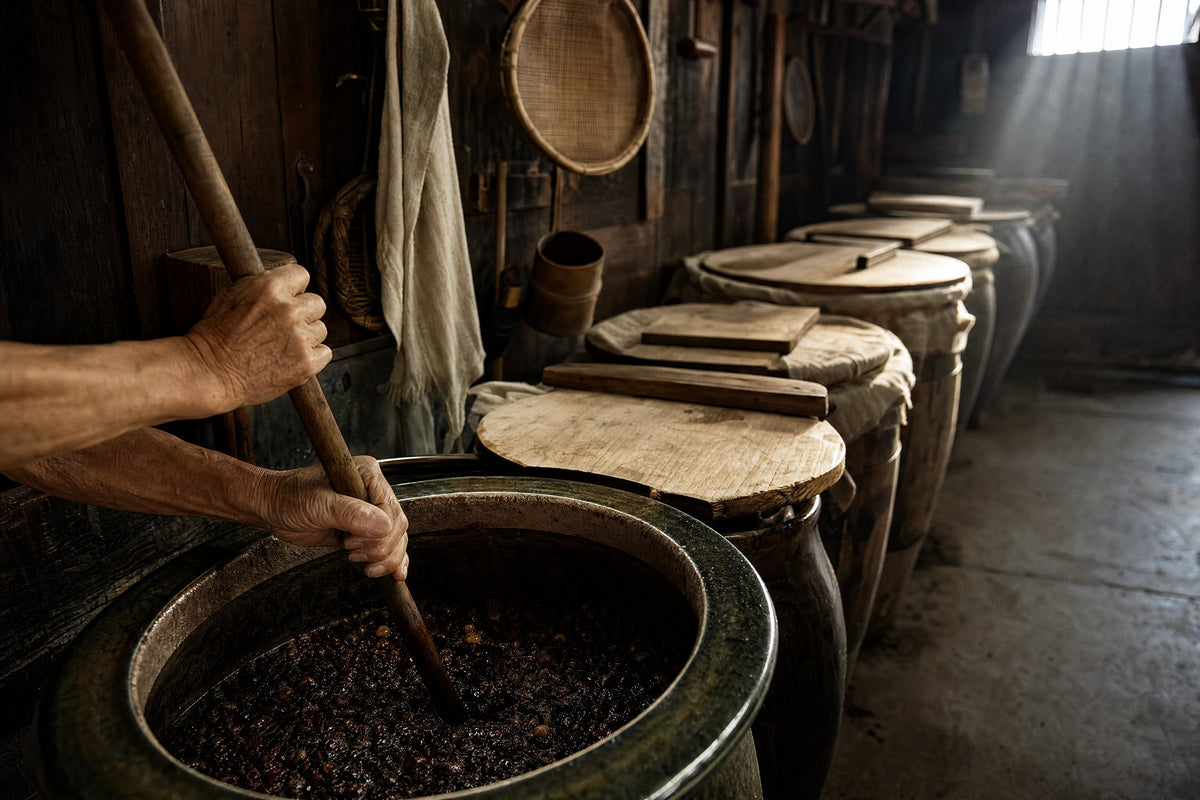 A craftsman stirring a fermentation barrel beside a row of wooden-lidded vats