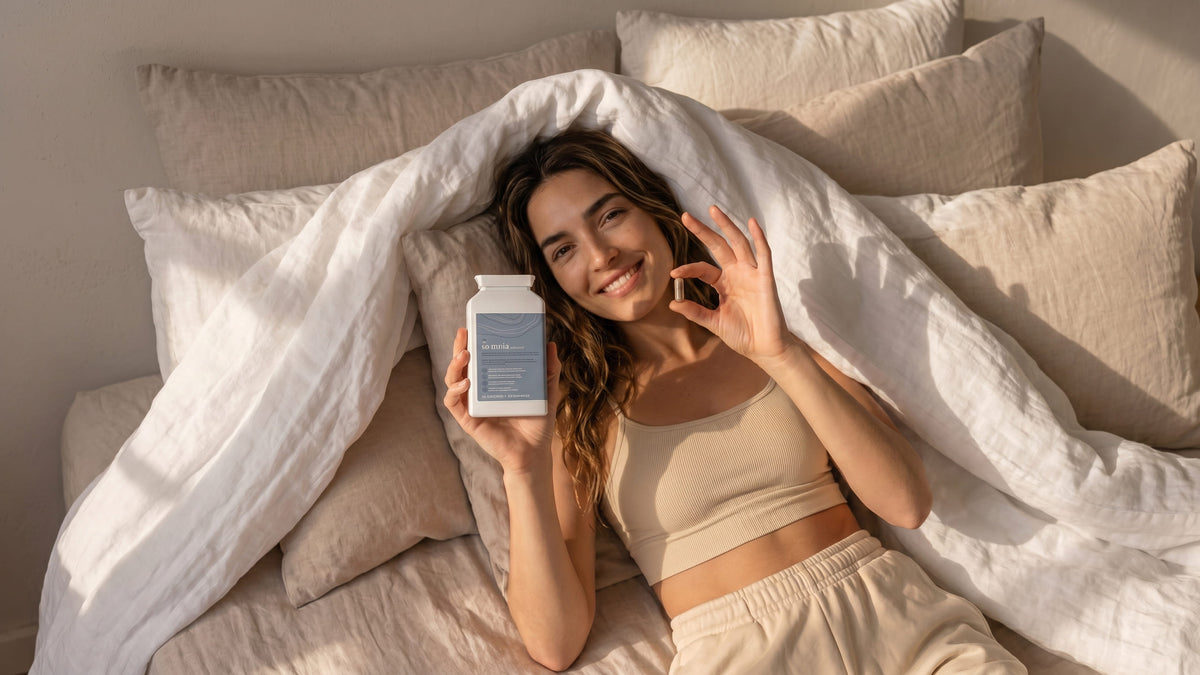 A woman waking in bed, holding a so:mnia jar in one hand and a single capsule in the other