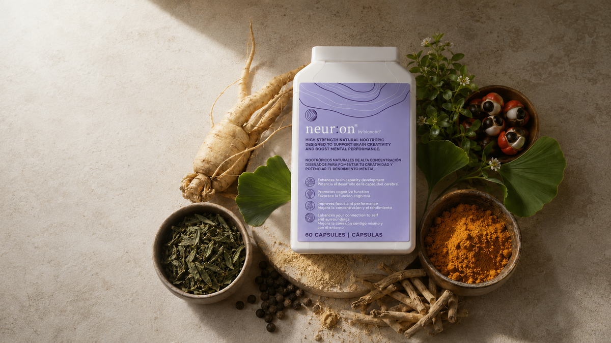 neur:on bottle surrounded by ginseng, ginkgo, guarana, green tea and turmeric