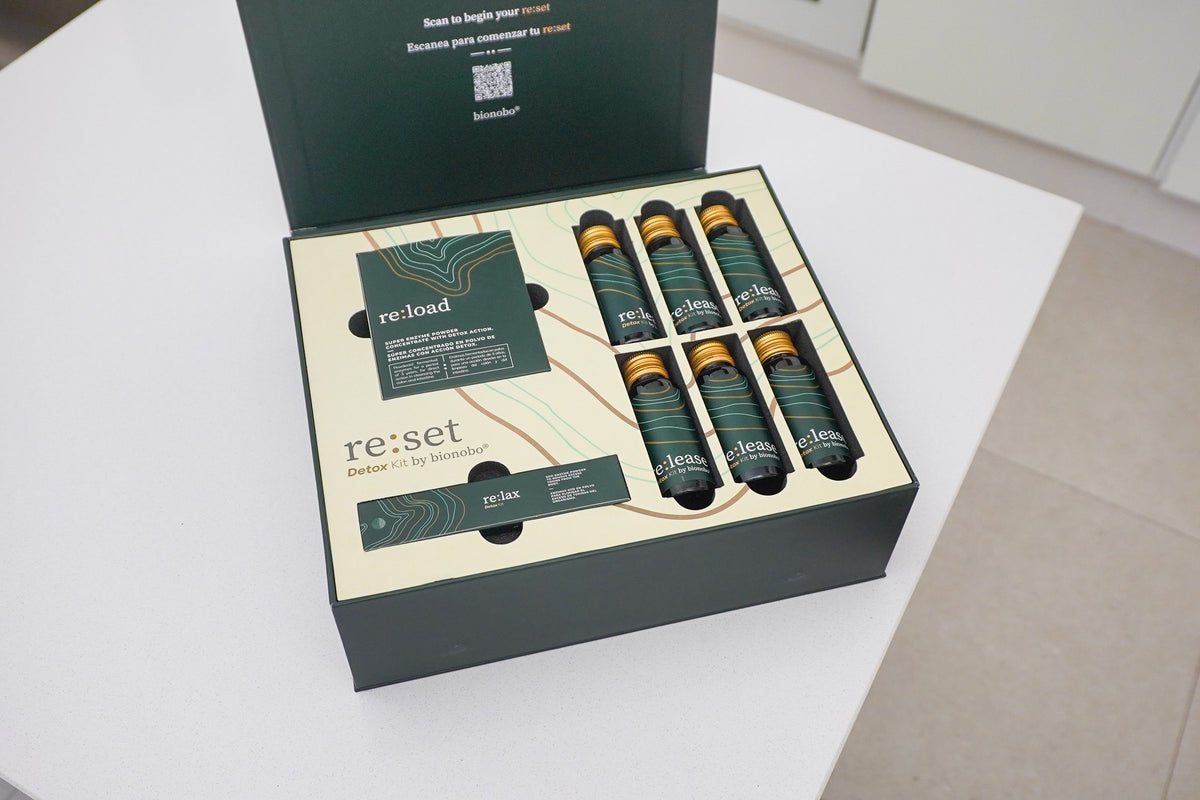 The re:set kit open, showing the numbered re:load sachets and re:lease bottles in the tray