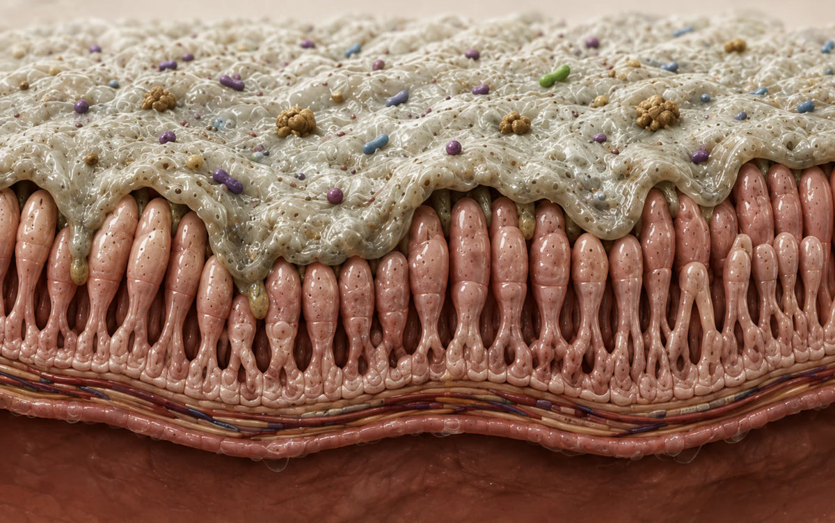 A compromised intestinal lining with a thick grey-beige surface layer, trapped particles, irregular epithelial structures and darker tissue beneath.
