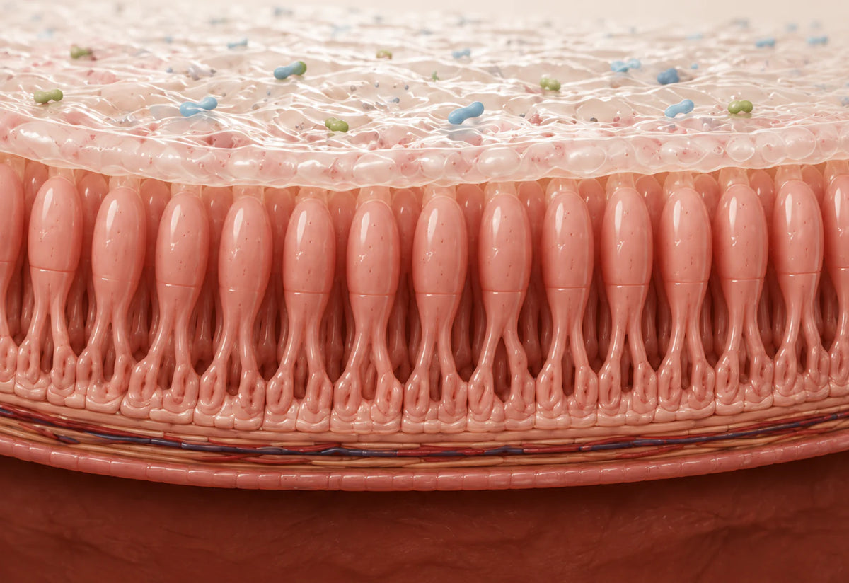 A healthy intestinal lining with a translucent pale-pink mucus layer, sparse blue and green microbes, orderly epithelial structures and intact tissue beneath.