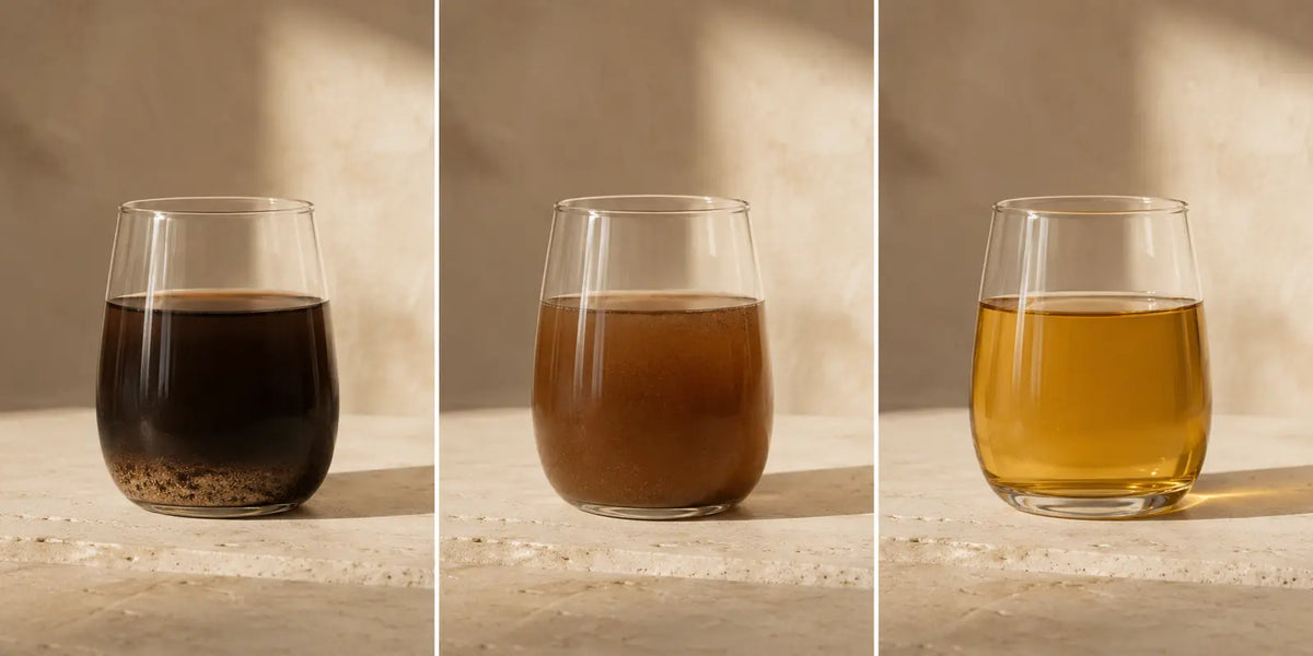 Three glasses showing the black, brown and gold solubility fractions used to distinguish humin, humic acid and fulvic acid.
