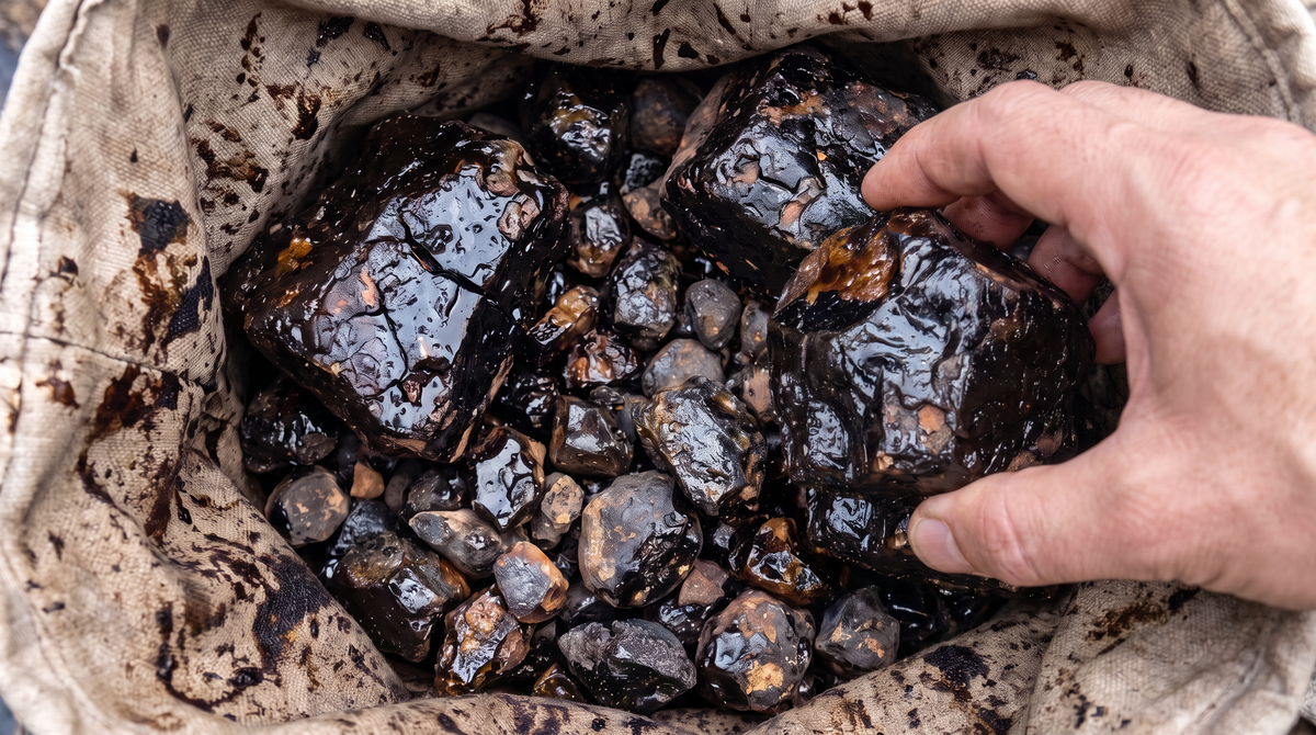 A draggable comparison of dry common-grade material and glossy Golden Grade shilajit resin. Common grade is associated with lower-altitude sourcing, heat or steam processing, and heavier humins and sediment. Golden Grade is hand-gathered above 5,000 metres, cold-water filtered, sun-dried, and lab verified at 60-65% fulvic acid.