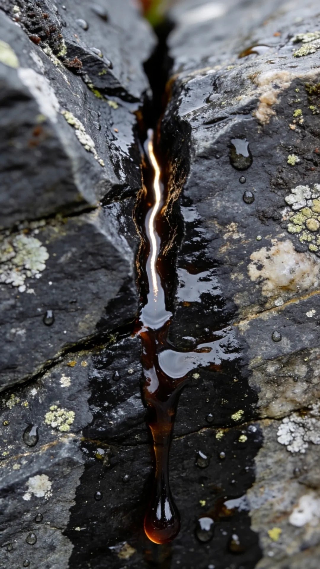 Dark Shilajit resin seeping from a wet crack in high mountain rock.