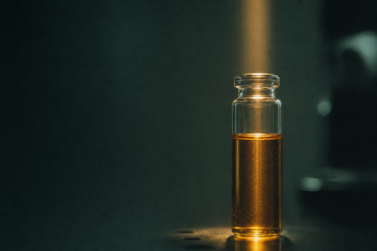 Golden alcalina fulvic concentrate in a lab vial, tested batch by batch