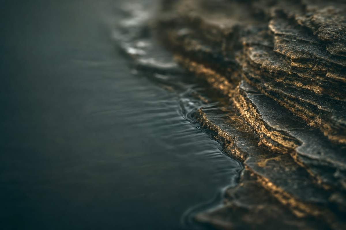 Layered prehistoric rock meeting water, representing humates sealed and transformed over geological time.