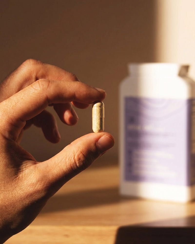 A hand holding a single neur:on capsule in front of the carton.