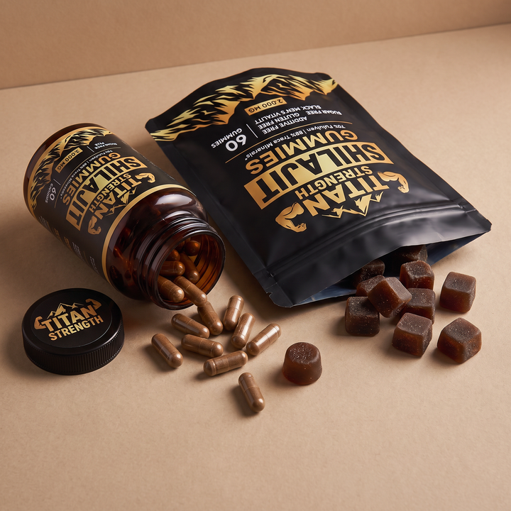 An unbranded brown capsule and gummy supplement in cheap plastic packaging.